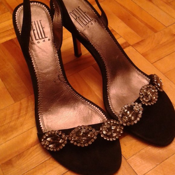 PELLE MODA BLACK SUEDE EMBELLISHED DRESSY SANDAL HEELS - Picture 2 of 4